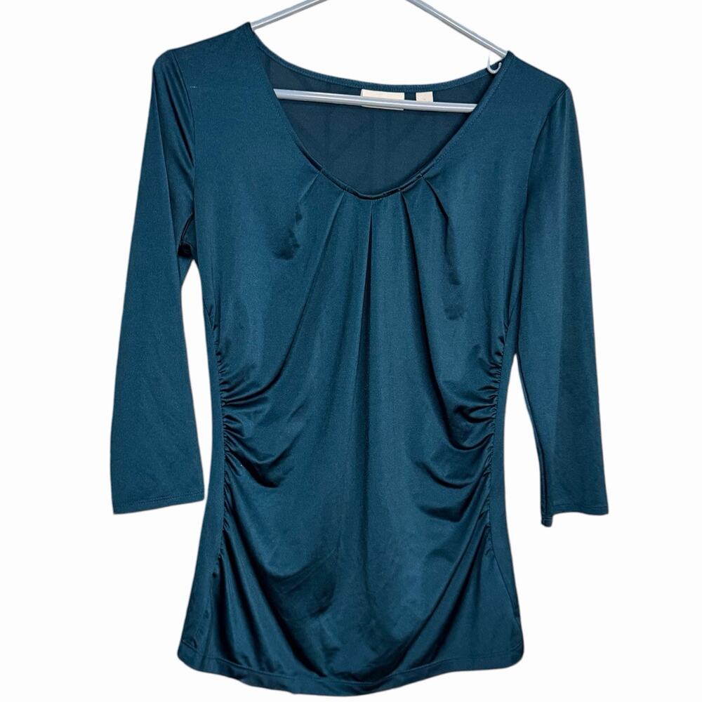 New York & Company Satin Ruched Blouse Womens S Turquoise Blue Casual Modest Top